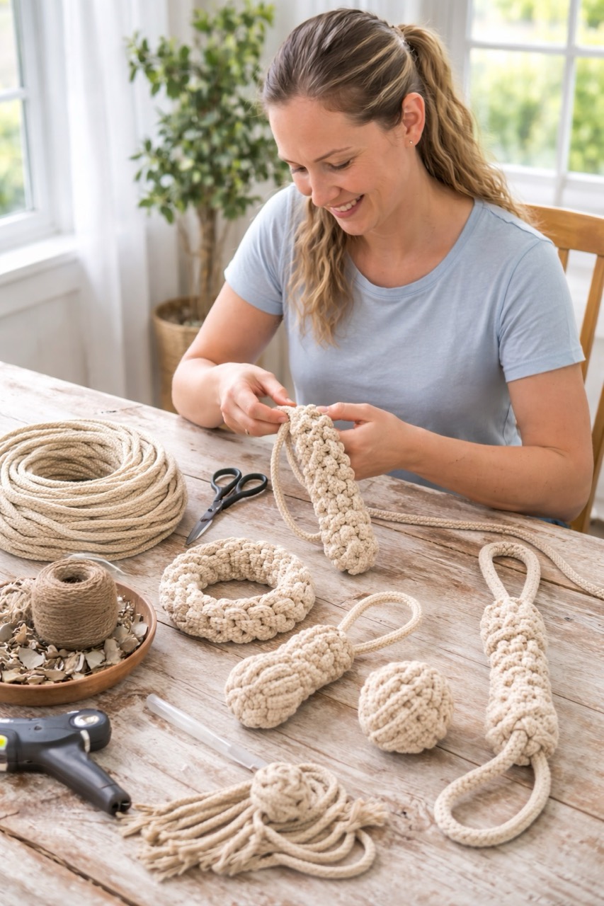 Handcrafting rope toys in natural daylight